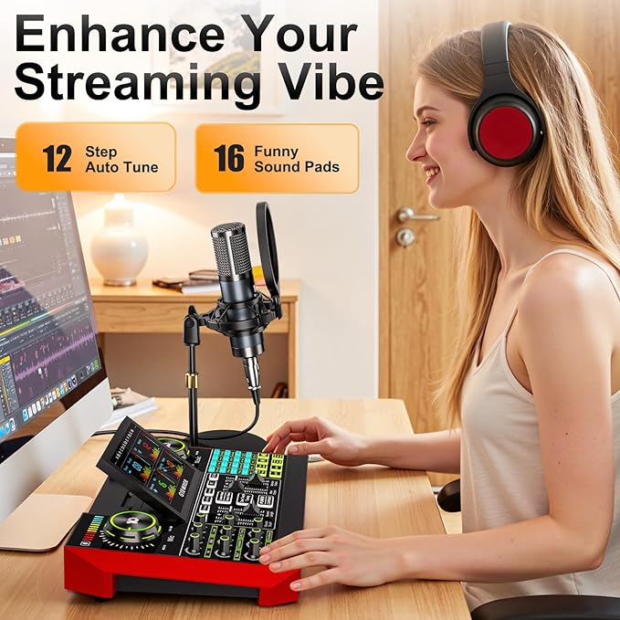 Podcast Equipment Bundle with Live Sound Card Audio Mixer, 3.5mm Condenser Microphone for PC/Phone Streaming and Singing, Podcast Microphone Bundle with Voice Changer sound board