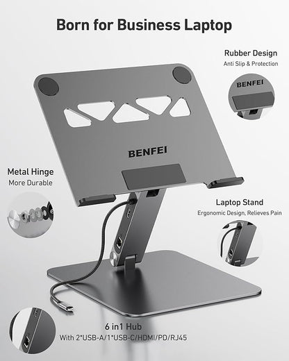 BENFEI Laptop Stand with USB C 6in1 Docking Station, HDMI 4K@60Hz,Gigabit Ethernet, 100W Power Delivery, 10Gbps 1*USB C 3.2 and 2*USB A 3.2 Compatible with MacBook Pro/Air, iPad Pro, XPS, Thinkpad