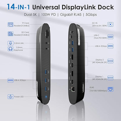 WAVLINK DisplayLink Docking Station Dual 5K, USB-C Dock for Mac M1/M2/M3/M4 & Windows, 14-in-1 with 100W Laptop Charging, 2 DP/2 HDMI 4K, SD/TF, 5 USB Ports, Ethernet, Audio