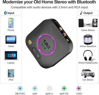 1Mii B06S+ Bluetooth 5.2 Receiver, HiFi Bluetooth Audio Adapter w/LDAC, aptx HD & aptx Low Latency, Long Range Hi-Res Audio with Volume Control, 3.5mm & RCA outputs, Easy Setup for Home Stereo System