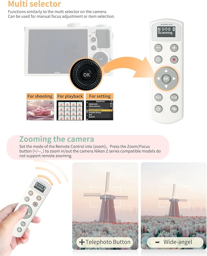 for Nikon Wireless Camera Remote Control - Aodelan Rechargeable Shutter Release Trigger with OLED Screen for Zfc, Z50, P1000,A1000, P950, B600; Replaces Nikon ML-L7(White)