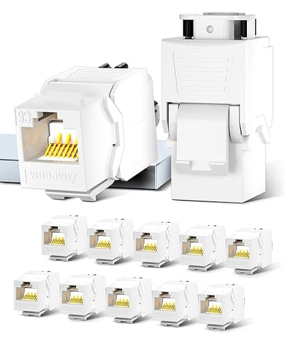 AMPCOM CAT6 RJ45 Keystone Jack - Reusable UTP Ethernet Wall Jack with Adjustable Ratchet Lock Design, No Tool and Zip Tie Required - 50u Gold Plated - White (12-Pack)