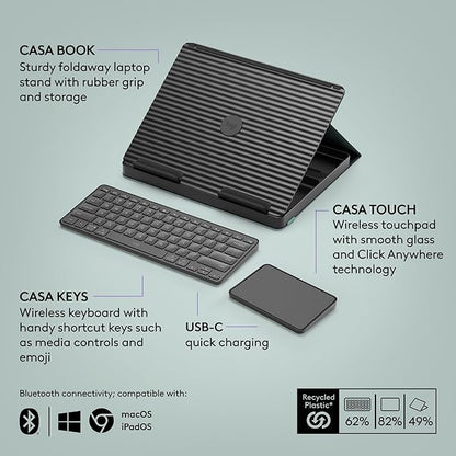 Logitech Casa Pop Up Desk Kit - Adjustable Laptop Stand for Desks, Wireless Keyboard & Touchpad, Bluetooth, USB C Charging, Classic Chic, Green/Black