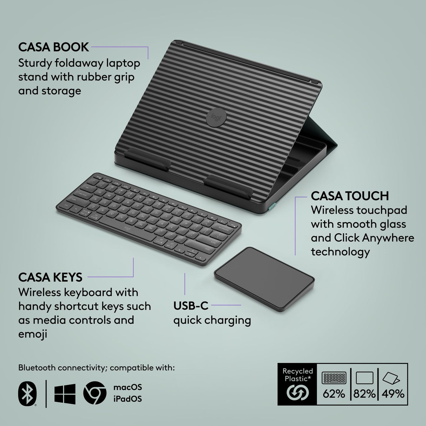 Logitech Casa Pop Up Desk Laptop Stand, Keyboard & Touchpad - Green/Black