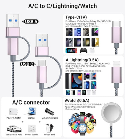 Temdan for Travel Vacation Essentials,3 in 2 USB C Cable for Apple Watch Charger/iPhone 16 Charger/Lightning,Multi Charging Cable Cord,Camping Essentials,Portable Designed for iWatch &iPhone 16-12-5FT