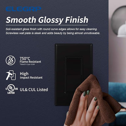 ELEGRP 1-Gang Screwless Decorative Wall Plates, Standard Size Unbreakable Thermoplastic Faceplate Cover for Decorator Receptacle Outlet Switch, UL Listed (20 Pack, Glossy Black)