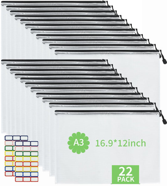 Vuzvuv A5-22 PCS 9.49"x 7.09"Mesh Zipper Pouch Set，Resistant Document File Folders Plastic Mesh Bag with Label Sticker for File, Document, Makeup, Board Game School Office Home Travel Storage
