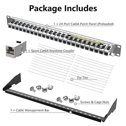 Jadaol 24 Port Shielded Patch Panel Rack or Wall Mount 19-Inch, 1U Cat6A Network Panel Preloaded with 24 Keystone Couplers Plus 1 Spare, 10Gbps Ethernet Panel with Cable Management & Back Support Bar