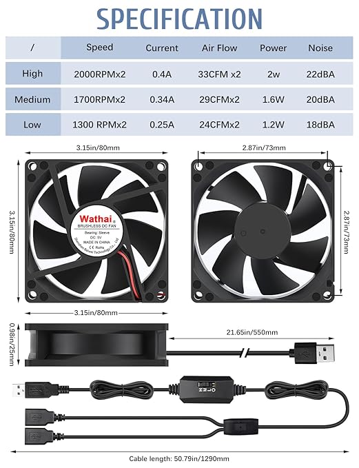 Wathai 80mm x 80mm x 25mm USB Fan 5V for Computer Laptop Router DVR Xbox Cooling 2 Packs