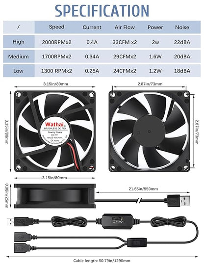 Wathai 80mm x 80mm x 25mm USB Fan 5V for Computer Laptop Router DVR Xbox Cooling 2 Packs