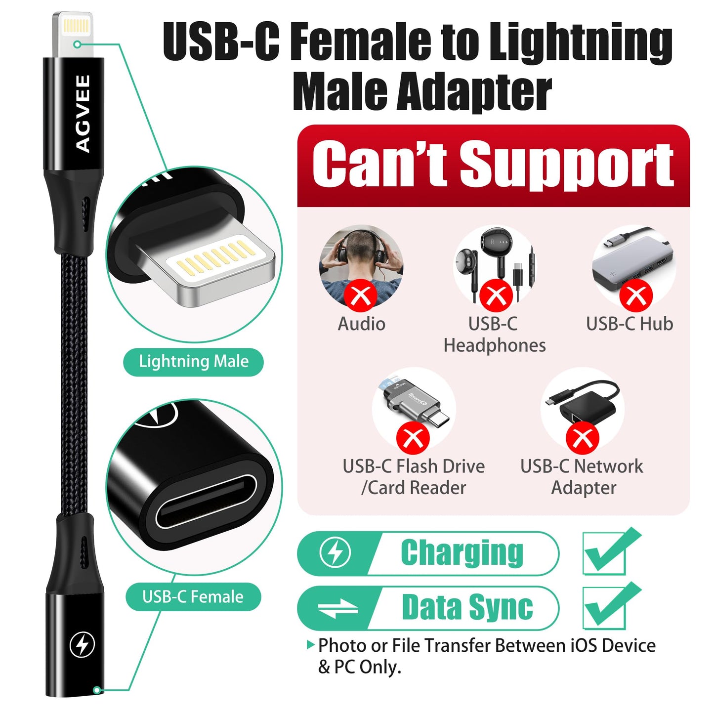 AGVEE 2 Pack 4 Inch USB-C Female to Lightning Male 30W Charging Adapter