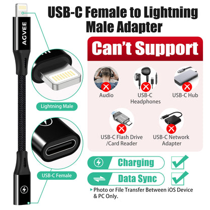AGVEE 2 Pack 4 Inch USB-C Female to Lightning Male 30W Charging Adapter