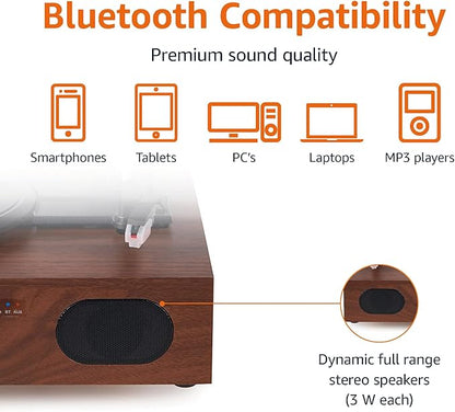 Amazon Basics Desktop Vinyl Record Player Turntable with Bluetooth Playback, Built-in Speakers, 3-Speed, Wireless Playback, Black