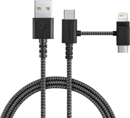 Smartish USB-C/Lightning Cable for iPhone 16/15/14 - Crown Joule - 6Foot Universal Fast Fabric Wrapped Charging Cable w/Micro-USB - Apple MFi Certified for iPhone 13/12/SE/iPad/AirPods/Android - Black