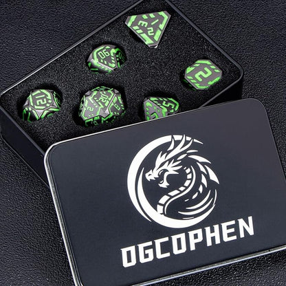 Metal DND Sci-fi Dice Set 7PCS Luminous Green Stripe Polyhedral Dice for Dungeons Dragons RPG Role Playing Game, Glitter D and D Dice with Gift Box D6 D8 D10 D12 D20