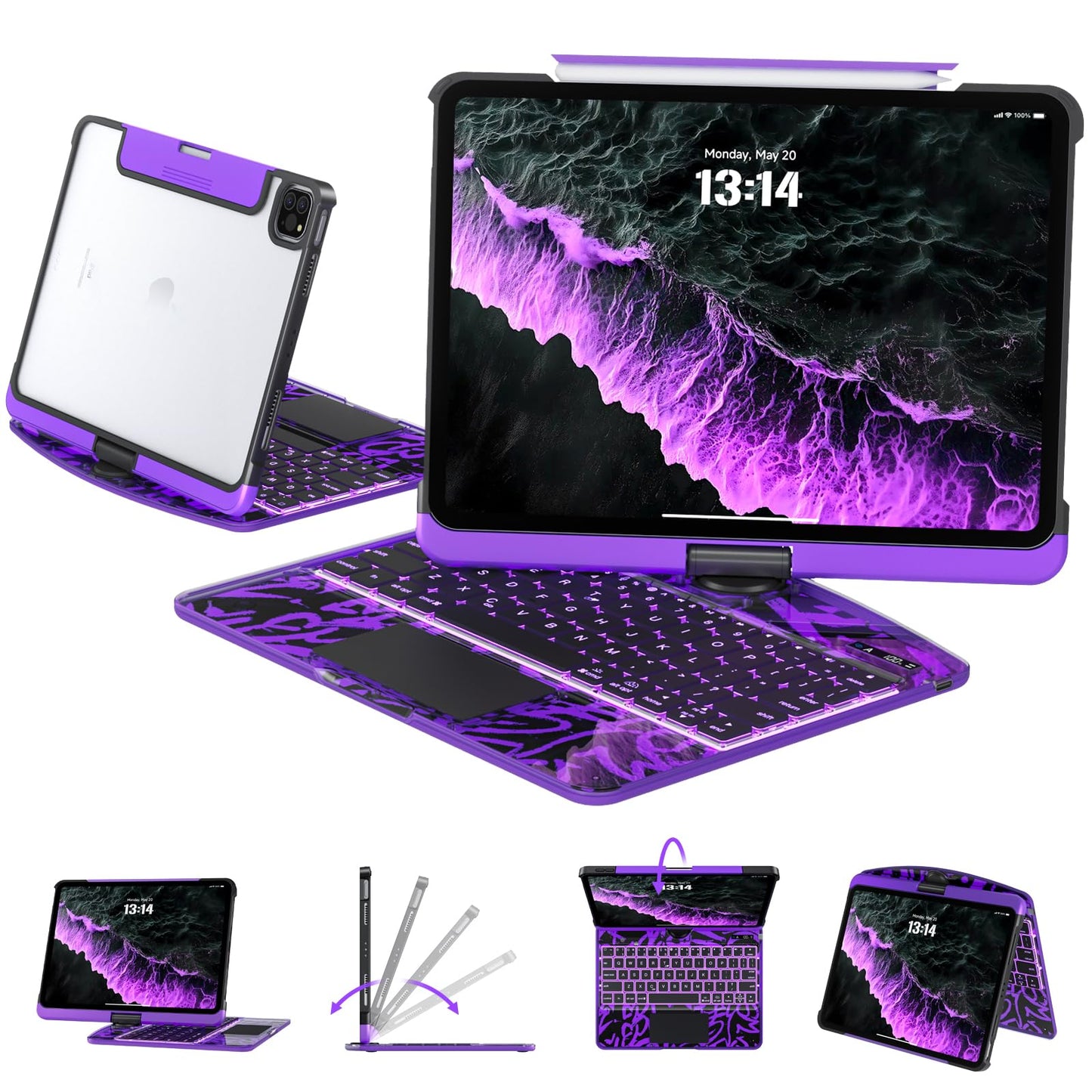 Transparent Case with Keyboard iPad Air 11 Inch (M4/M3/M2, 2026/2025/2024)/ iPad Air 5th/4th Generation 10.9" / iPad Pro 11" 1st/2nd/3rd/4th Trackpad, Pencil Holder, 7-Color Backlit, Rotatable, Purple