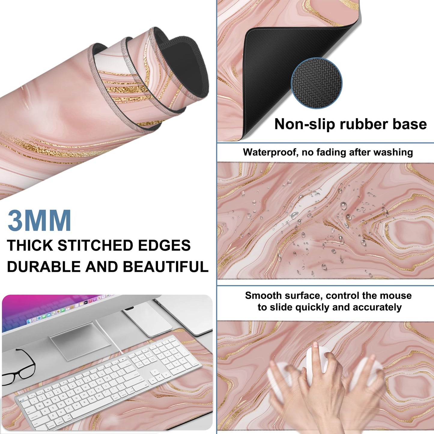 NITAHHHY Liquid Marble Gaming Mouse Pad 3mm Thick Stitched Edge Waterproof Non-Slip Large Computer Keyboard Mouse Mat,Suitable for Office Entertainment Decorative Desk Pad 35.4 x 15.7 Inches