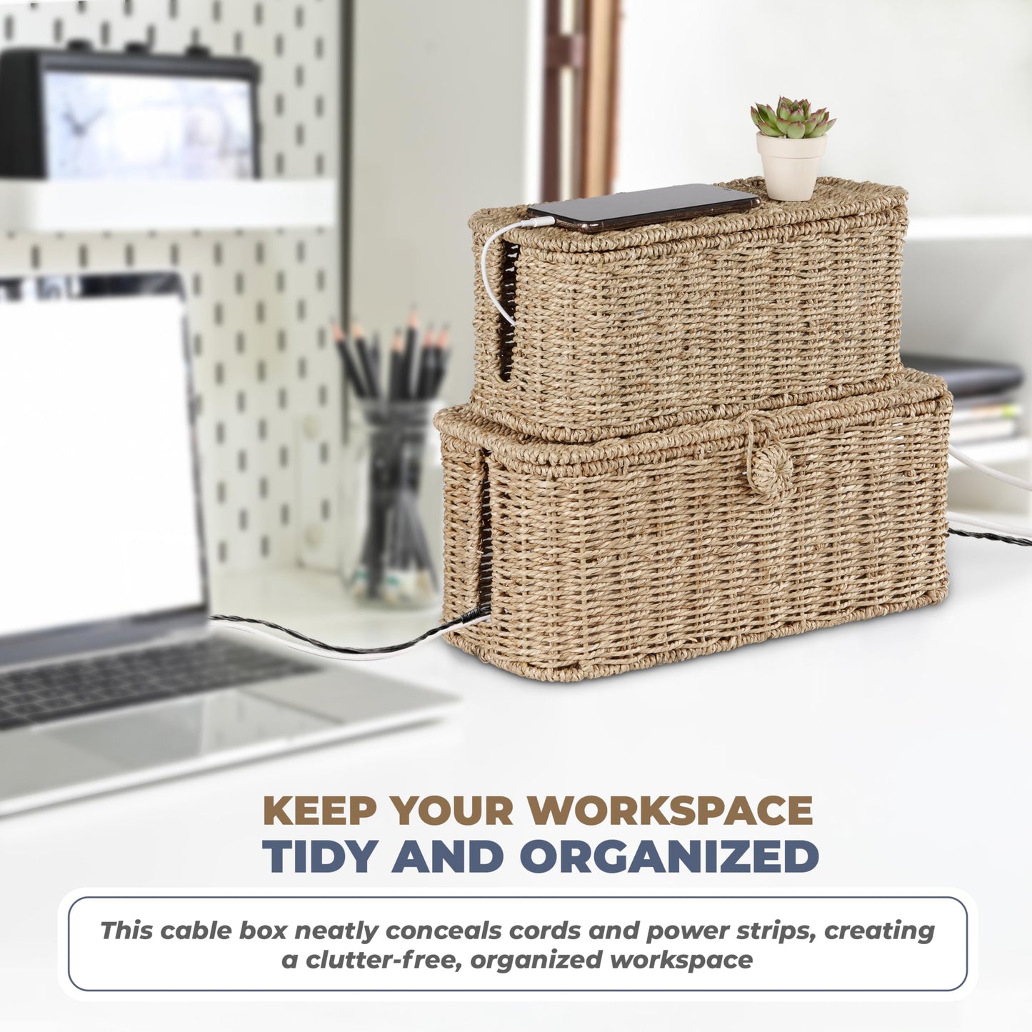 Bluewest 2-Pack Large Cable Management Box,Natural Rattan Cable Cord