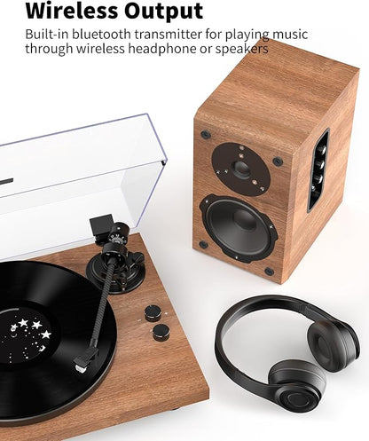 Turntable Vinyl Record Player Support Bluetooth Output Phono/Line Switch Pitch Control with Pre-Installed Counterweight & Magnetic Cartridge, Belt Drive 2 Speed