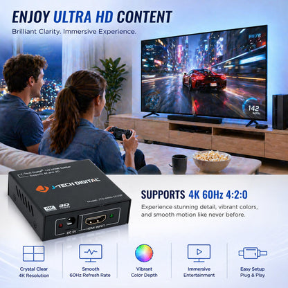 4K@60 HDMI Splitter 1 in 2 out 1X2 Powered Splitter for Dual Monitors by J-Tech Digital [JTD-MINI-1X2SP]
