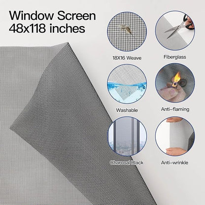 Window Screen Door Repair Kit Include Window Screens Mesh 48"x117" with All Tools in Window Screen Replacement(Screen Rollers, Splines, Hook), Yolovit