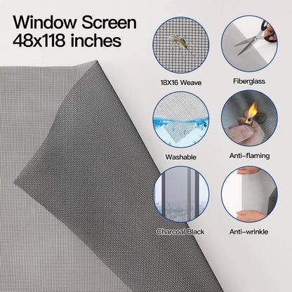 Window Screen Door Repair Kit Include Window Screens Mesh 48"x118" with All Tools in Window Screen Replacement(2pcs Screen Rollers, Screen splines, Hook, Utility Knife and Ruler), Yolovit