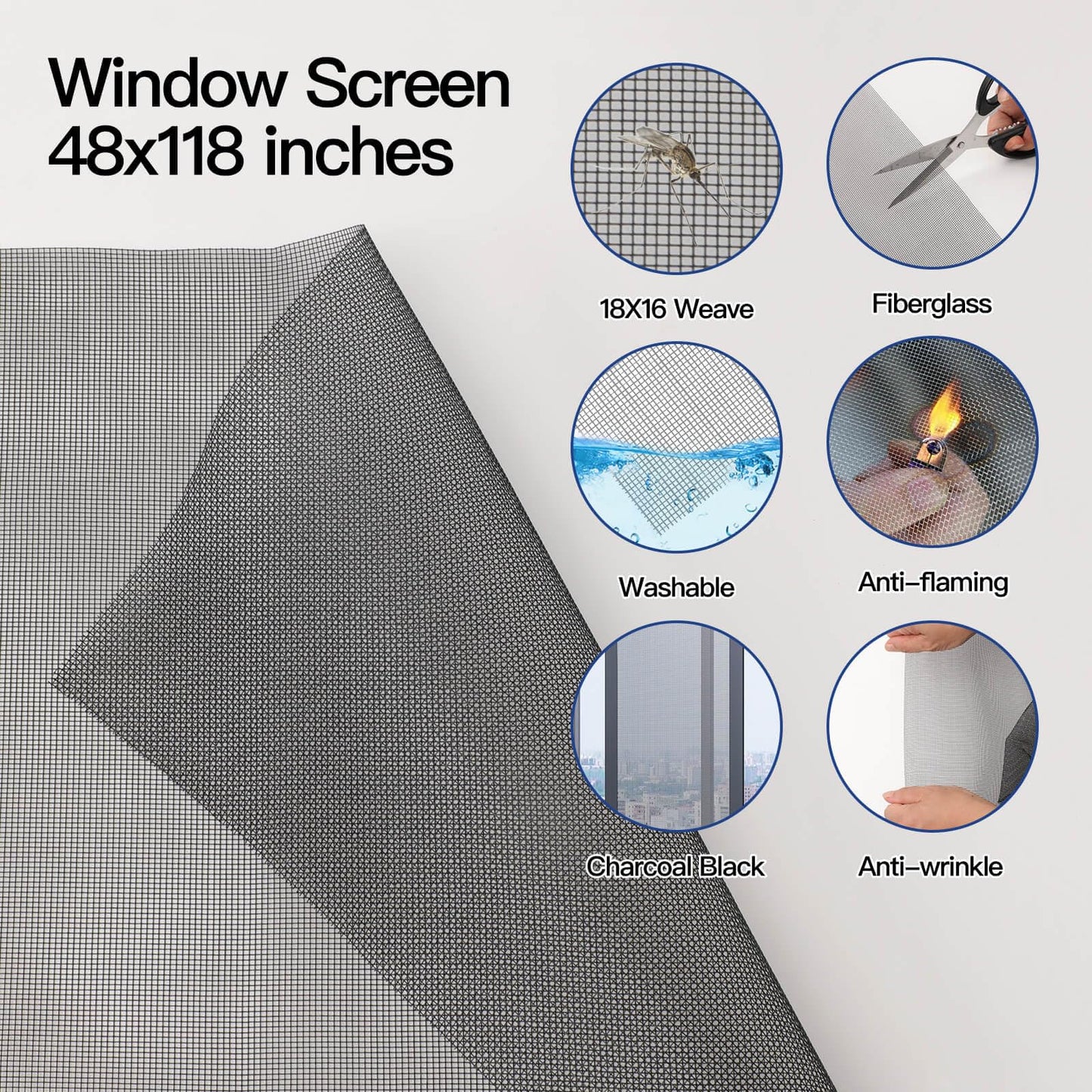 Window Screen Door Repair Kit Include Window Screens Mesh 48"x114" with All Tools in Window Screen Replacement(Screen Rollers, Splines, Hook), Yolovit