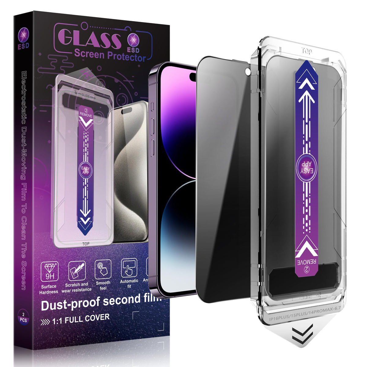 SHANG PIN JIA 2 Pack Screen Protector Tempered Glass for iPhone 15 Pro Max 6.7-Inch Auto Dust Removal, No Bubbles, High Definition Clear, Easy Installation