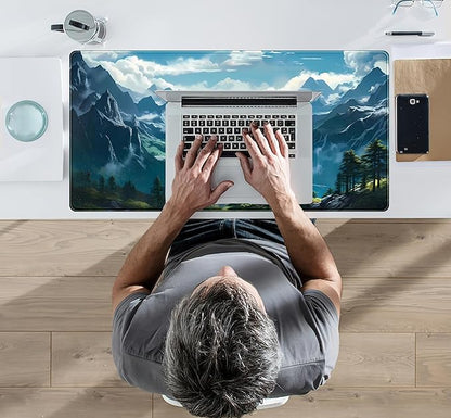 Aesthetic Mountain Vista Desk Mat, Blue Natural Wonder XXL Large Extended Gaming Mouse Pad Mat Non-Slip Mousepad, Computer Keyboard and Mouse Mat, Desk Pad with Stitched Edges, 31.5x15.75 in