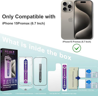 2 Pack Screen Protector Tempered Glass for iPhone 15 Pro Max 6.7-Inch Auto Dust Removal, No Bubbles, High Definition Clear, Easy Installation