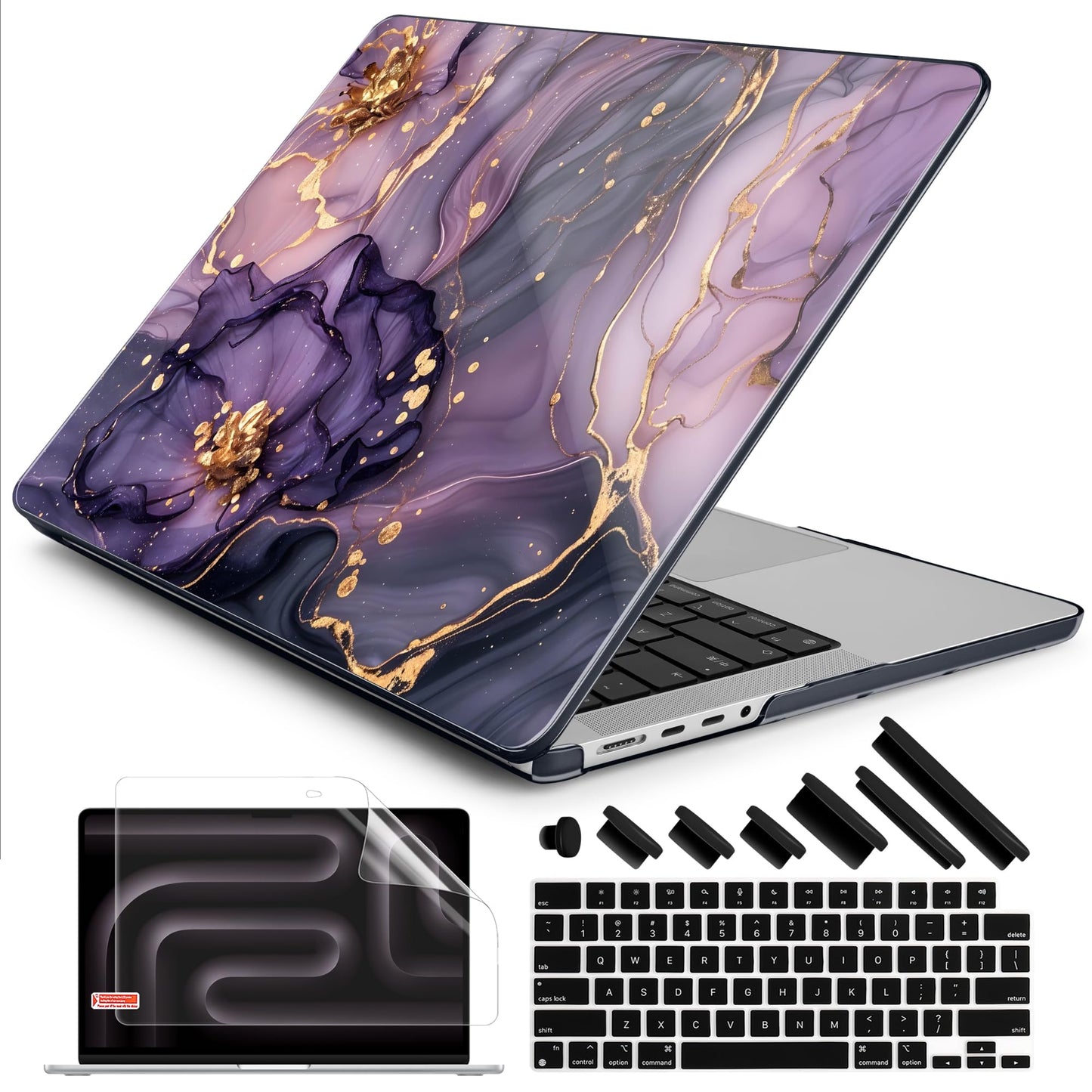 DONGKE Compatible with MacBook Pro 16 Inch Case (2026-2021 Release, M5 M4 M3 M2 M1 Pro/Max Chip), Plastic Hard Shell Cover with Keyboard Cover & Screen Protector for MacBook Pro 16", Marble & Flower