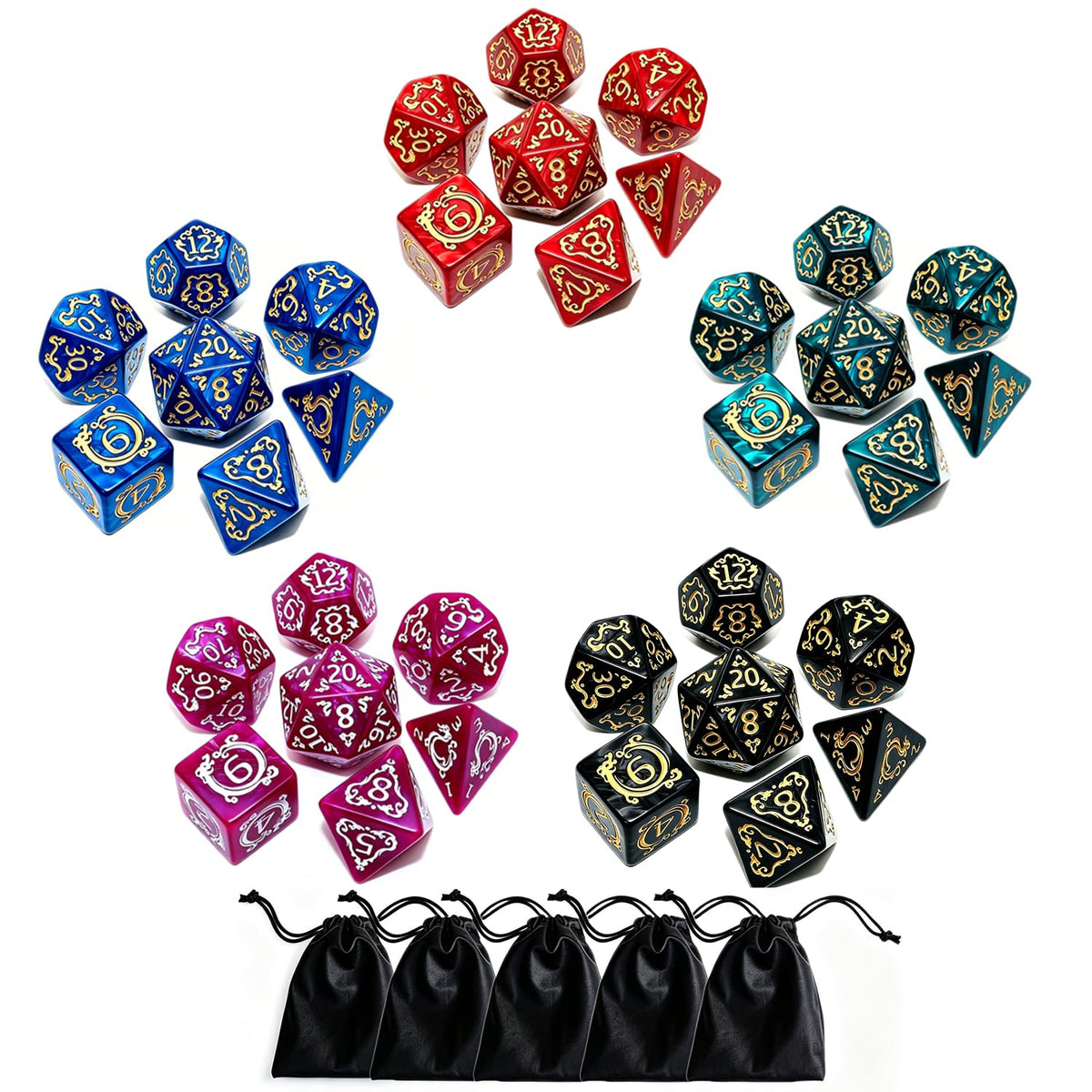 CREEBUY Polyhedral DND Dice Set, 5 Pack Vintage Dragon-Patterned Dice Sets Compatible with Dungeons and Dragons D&D RPG Games,35 Pieces (5 Colors with Black)