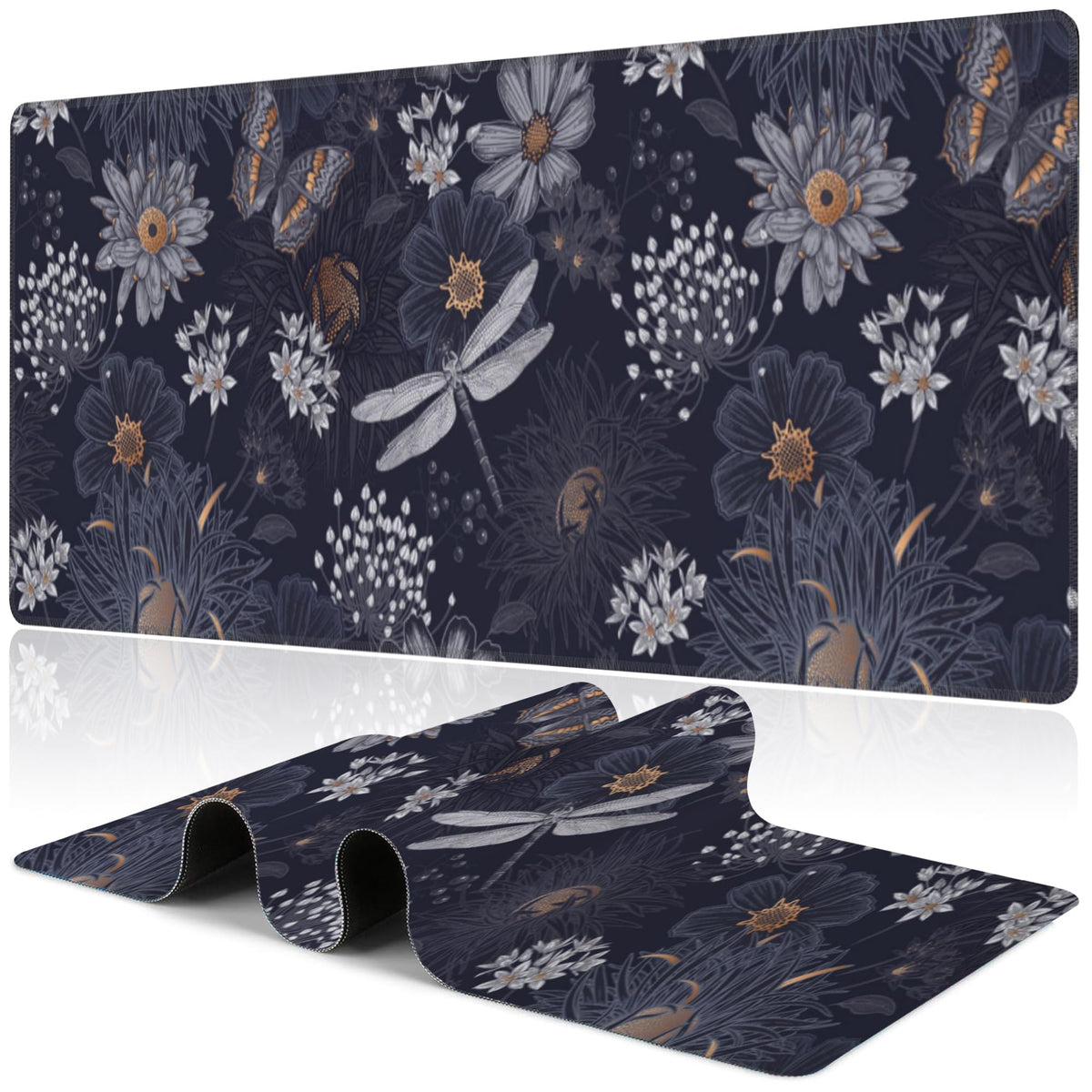 Purple Groovy Flowers Desk Mat,Large Vintage Floral Gaming Keyboard Mouse Pad,Non-Slip Rubber Base Desk Pad Thick Stitched Edges Waterproof Mousepad Mouse Mat 31.5"x11.8"