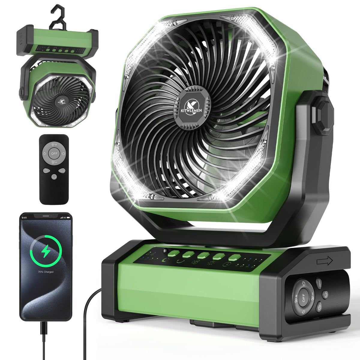 Camping Fan with Light - 20000mAh Rechargeable Battery Tent Fan, 112Hrs Max, 8 Speeds, Digital Display, Timer, Auto Oscillation, 270° Pivot & Hook for Garage, RV, Hurricane, Co-Branded with AMACOOL