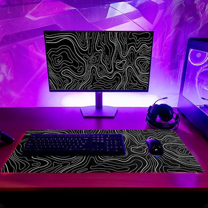 Topographic Contour Black Gaming Mouse Pad XL Geographic Map Lines Extended Big Large Desk Mat Non-Slip Rubber Base Stitched Edge Long Keyboard Mousepad for PC Computer Laptop,31.5x11.8 Inch