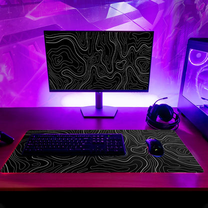 Topographic Contour Black Gaming Mouse Pad XL Geographic Map Lines Extended Big Large Desk Mat Non-Slip Rubber Base Stitched Edge Long Keyboard Mousepad for PC Computer Laptop,31.5x11.8 Inch
