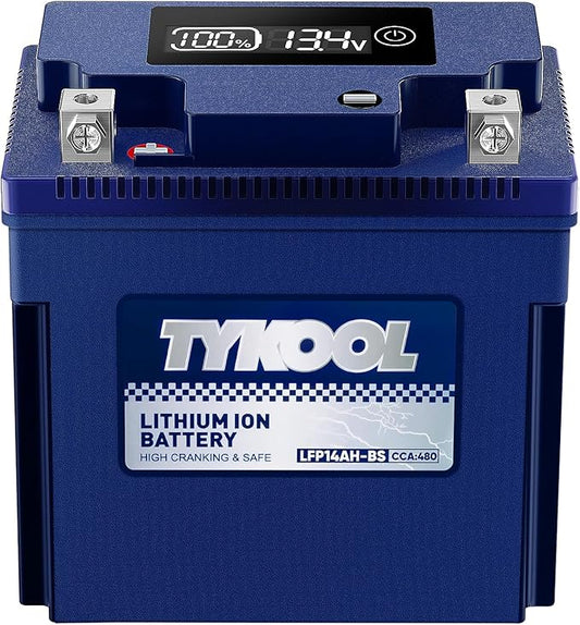 TYKOOL YTX14AH-BS High Performance LiFePO4 Lithium ATV Battery,12V 8Ah,480CCA,5X Longer Life,Digital Readout,Fits for Polaris Sportsman 500 ATV,UTV,Motorcycle, Snow mobile,Polarity:[+ -]