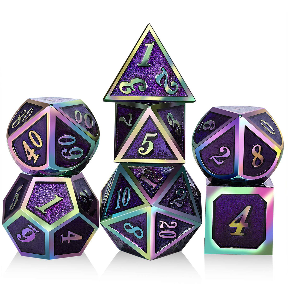 DNDND Metal Dice Set D&D, 7 die Metallic Polyhedral Dice Set with Gift Metal Box and Gold Number for DND Dungeons and Dragons Role Playing Games (Black and Gold)