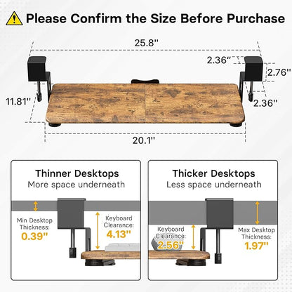 BONTEC KMT01-PJ Under Desk Keyboard Tray, Pull-Out Keyboard & Mouse Platform with C-Clamp, 20 x 11.8 in Space-Saving Ergonomic Slide-Out Drawer, Rustic Brown