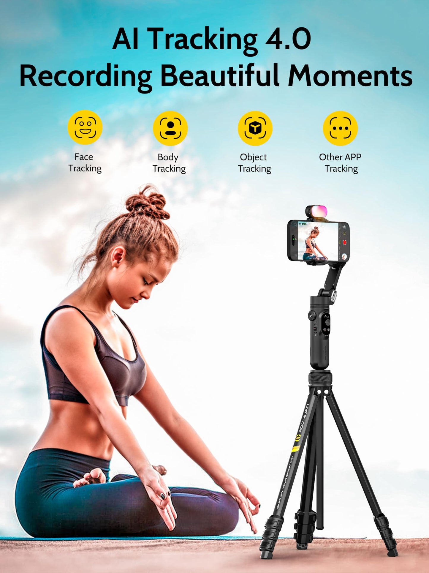 AOCHUAN 3-Axis Gimbal Stabilizer for iPhone & Android w/RGB Light, Handheld Phone Gimbal for Video Recording w/AI Tracking,1/4 Thread, Extendable Tripod, Padded Carry Bag(Smart X Complete Combo1)
