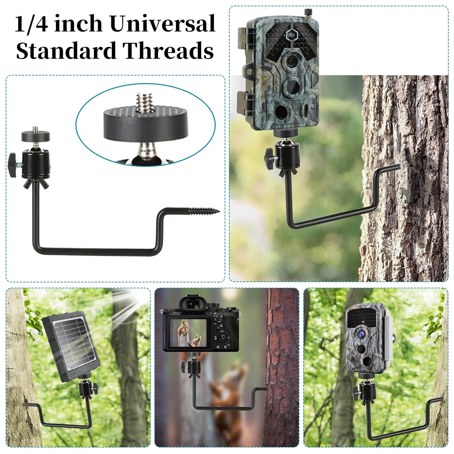 Trail Camera Mount, 4 Pcs Trail Camera Holder with 1/4 in Screw,Hunting Accessories,360° Adjustable Tree Screw Mounting Bracket for Game Cameras, Solar Panels, etc, Easy to Install & Heavy duty
