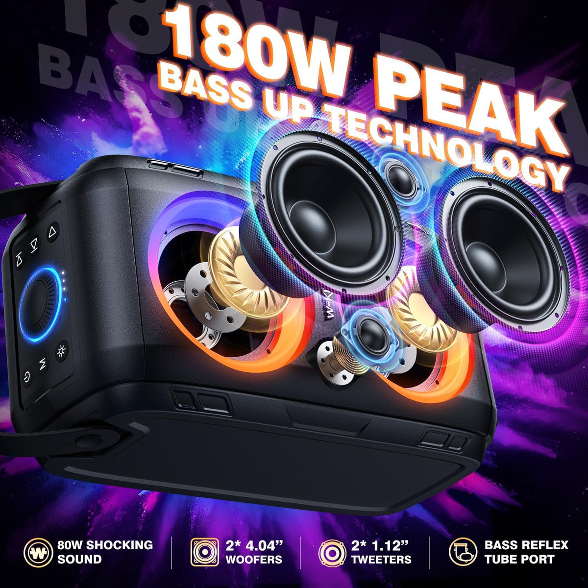 W-KING Party Bluetooth Speaker Boom Box, 180W Max Big Large Speaker
