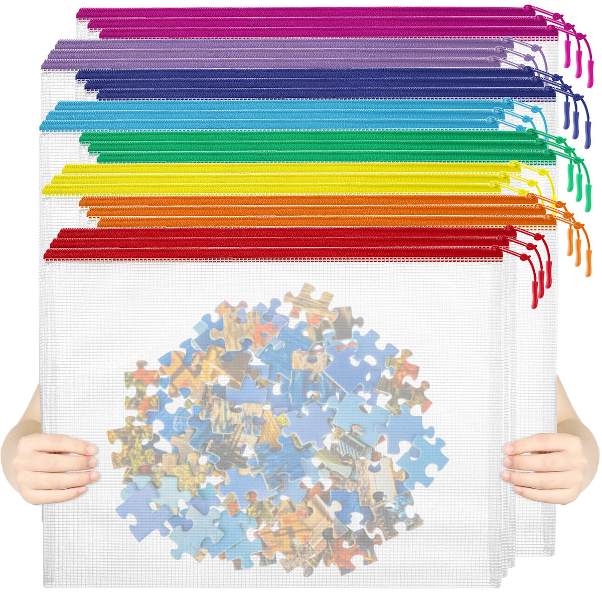 24pcs Mesh Zipper Pouch File Bags Puzzle Storage Bags, A5 Size 9.4 x 6.9 Inches Large Reusable Zipper Pouches for Organizing Classroom Board Game Organization