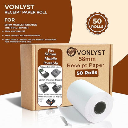 Receipt Paper Roll for 58mm Mobile Portable Thermal Printer (Pack 50 rolls)
