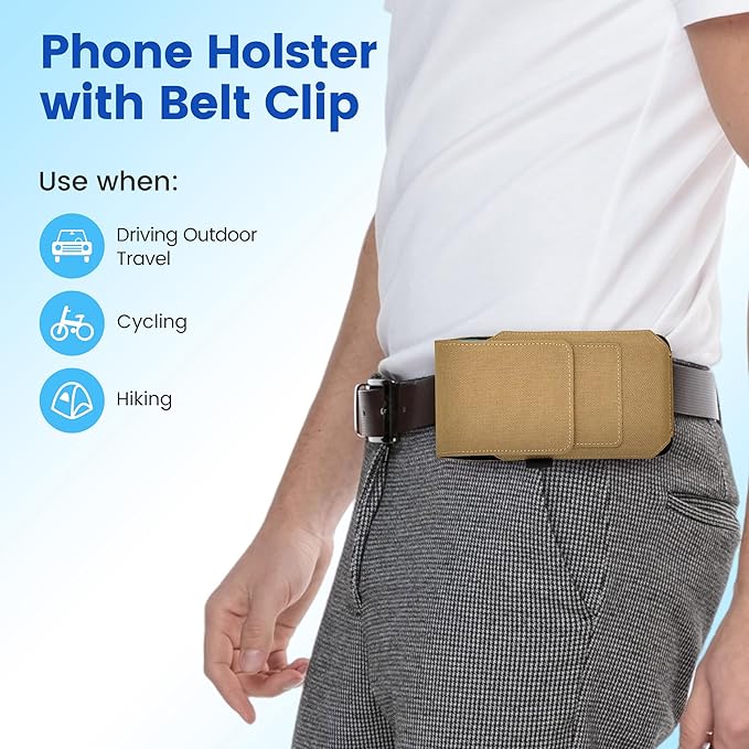BECPLT for iPhone 17 Pro Max Air 16/15/14/13/12/11 Pro Max Nylon Cell Phone Pouch Holster Case with Belt Clip Cover Holder for Galaxy S25+ S24+ S23+ S22+ S21+ (Khaki)