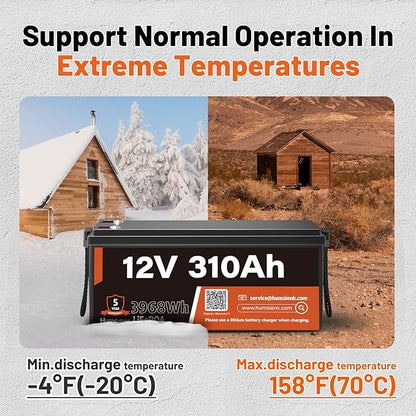 12V 310Ah LiFePO4 Lithium Battery – Max. 3968Wh, 15000+ Deep Cycle Battery with 100A BMS, Low-Temp Cutoff | A+ Grade Cells for Marine, Trolling Motor, Off-Grid Home Energy Storage, Van Life