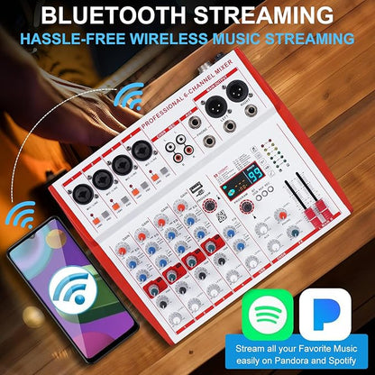 MW-6 6 Channel Professional DJ Audio Mixer, Portable Controller Mixer with DSP 99 Preset Effects for Live Streaming, Podcasting, Family Party (mw-6 white)