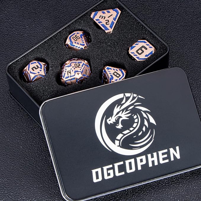 Metal DND Sci-fi Dice Set 7PCS Stripe Polyhedral Dice for Dungeons Dragons RPG Role Playing Game, Glitter D and D Dice with Gift Box D6 D8 D10 D12 D20 (Copper Blue)