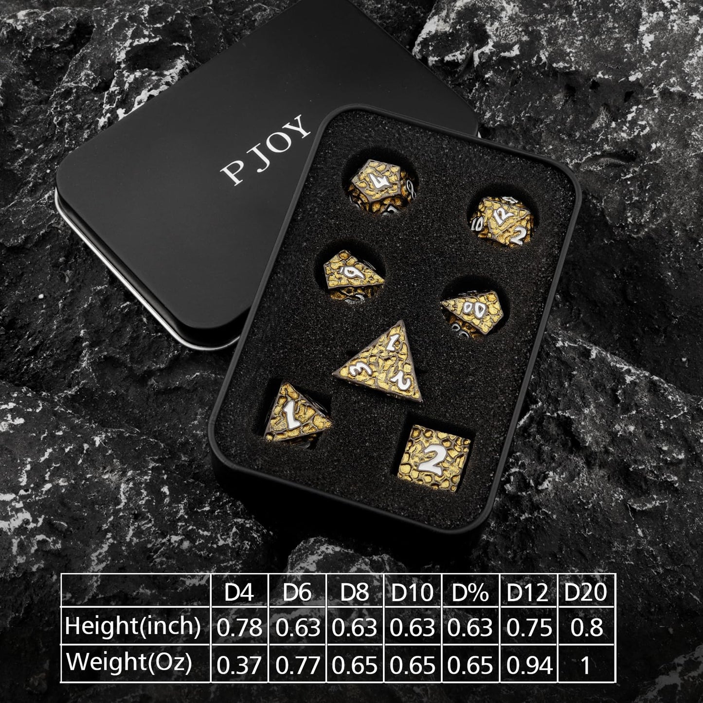 PJOY Metal D&D Dice Set for Dungeons and Dragons Dice with Case Meteorite Black Gold Glitters 7PCS 16mm Role Playing Cool DND Gifts for Players DM Board Game Masters