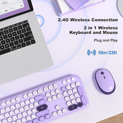 KNOWSQT Wireless Keyboard and Mouse Combo - Lovely Violet Rainbow Full-Sized Typewriter Colorful Keyboards, Round Keycap USB Plug Play Retro Cute Keyboards for Windows, Laptop, PC, Desktop, Computer